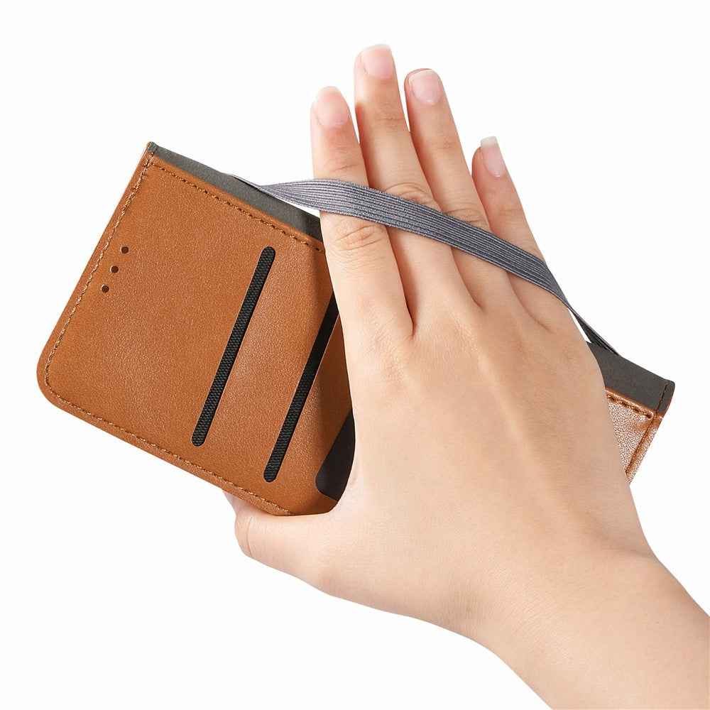 For Xiaomi 17 Pro Case Wallet Tri-Color Stitching Leather Phone Cover with Elastic Wristband - Brown