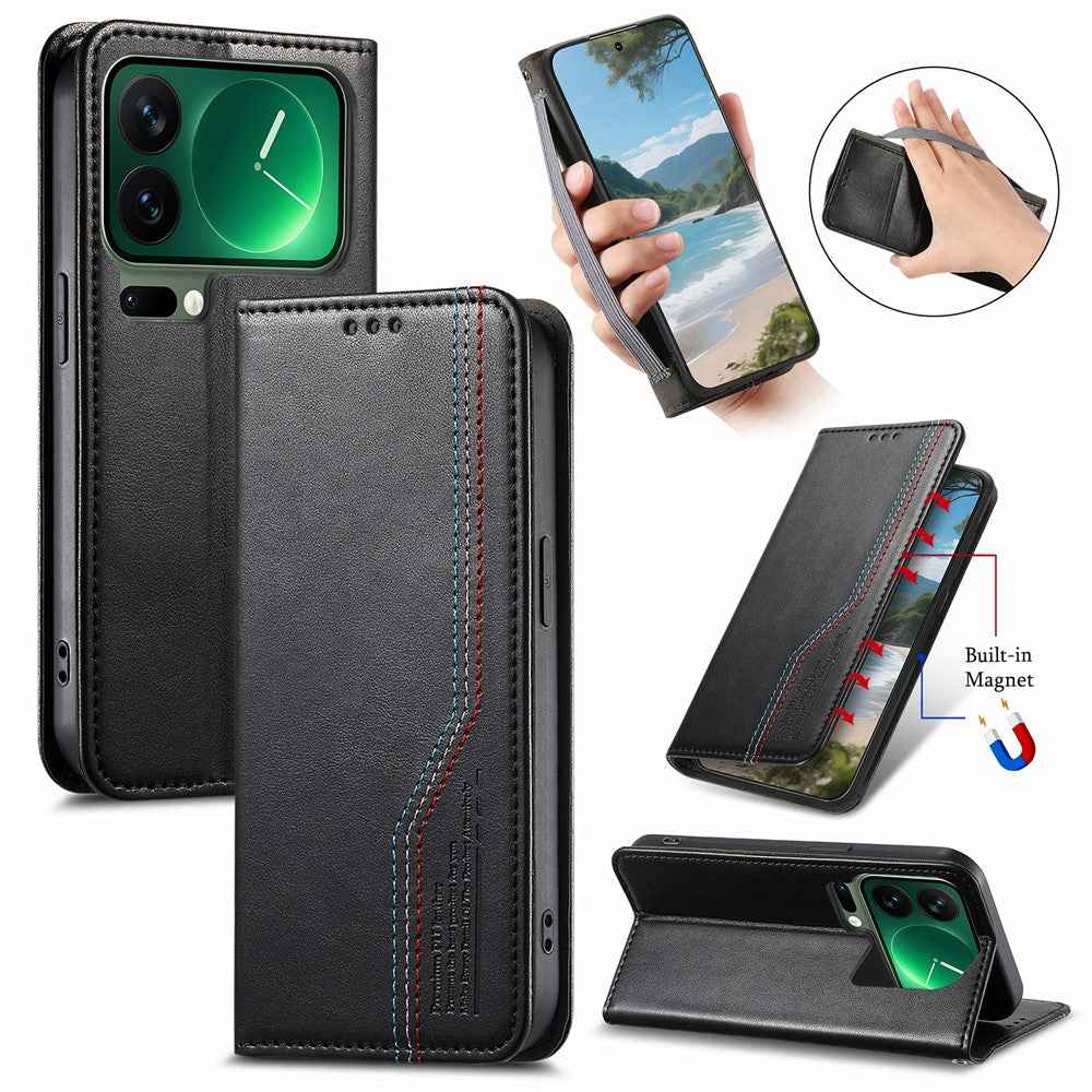 For Xiaomi 17 Pro Case Wallet Tri-Color Stitching Leather Phone Cover with Elastic Wristband - Black
