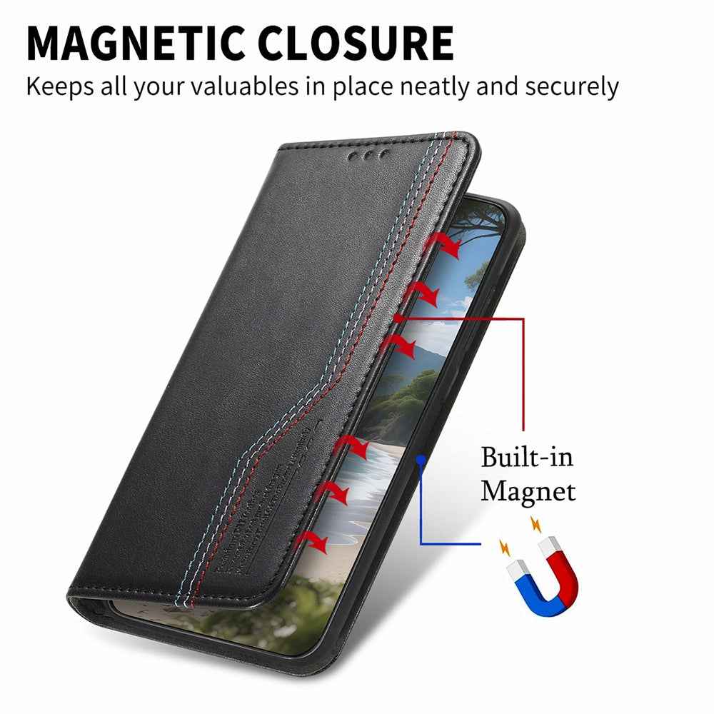 For Xiaomi 17 Pro Case Wallet Tri-Color Stitching Leather Phone Cover with Elastic Wristband - Black