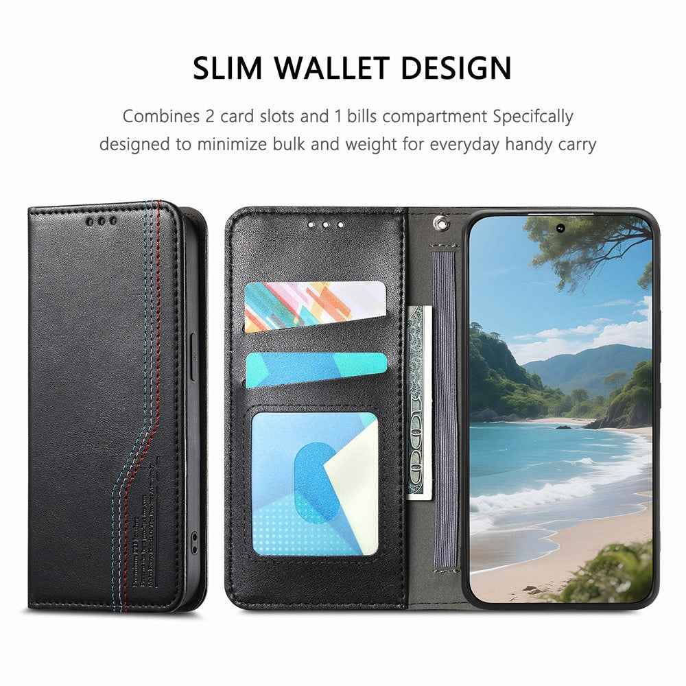 For Xiaomi 17 Pro Case Wallet Tri-Color Stitching Leather Phone Cover with Elastic Wristband - Black