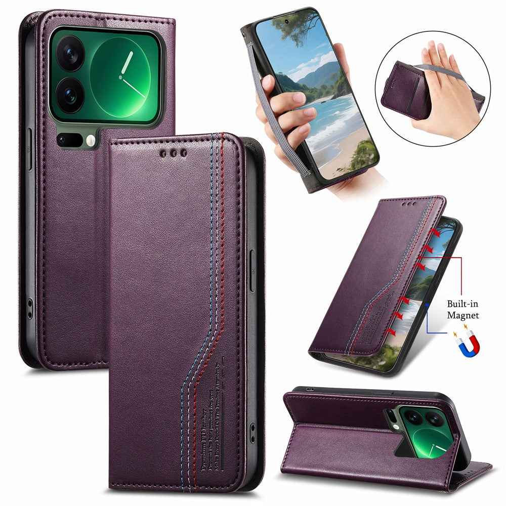 For Xiaomi 17 Pro Case Wallet Tri-Color Stitching Leather Phone Cover with Elastic Wristband - Purple