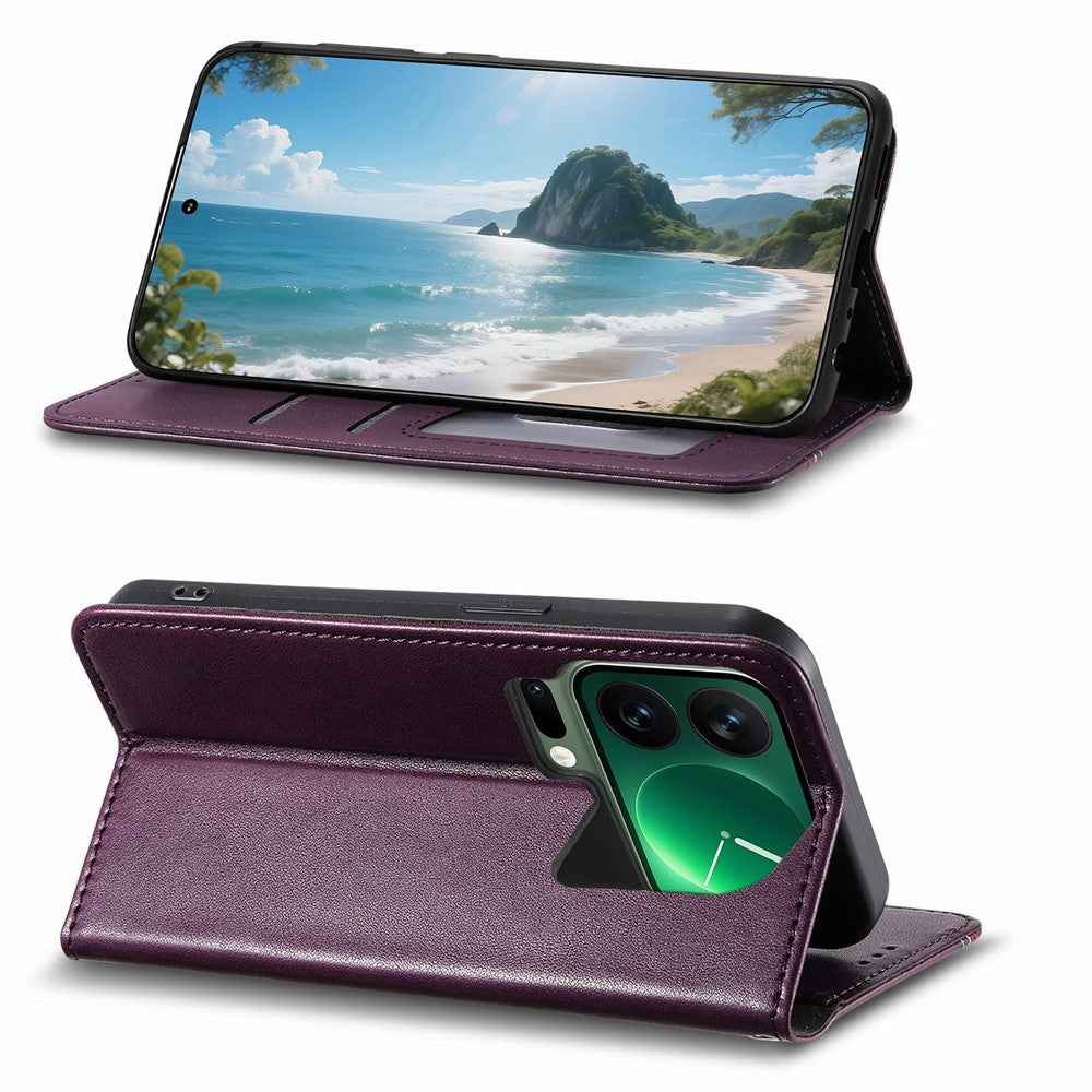 For Xiaomi 17 Pro Case Wallet Tri-Color Stitching Leather Phone Cover with Elastic Wristband - Purple