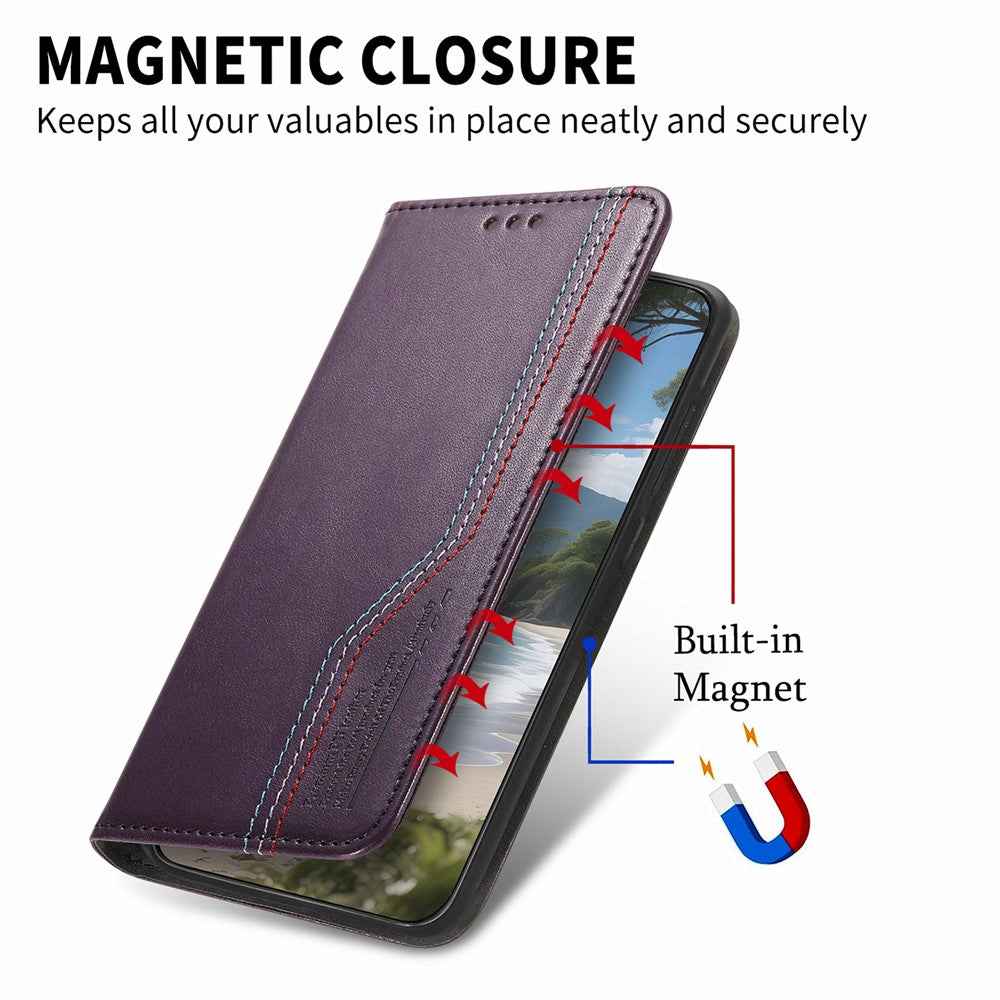 For Xiaomi 17 Pro Case Wallet Tri-Color Stitching Leather Phone Cover with Elastic Wristband - Purple