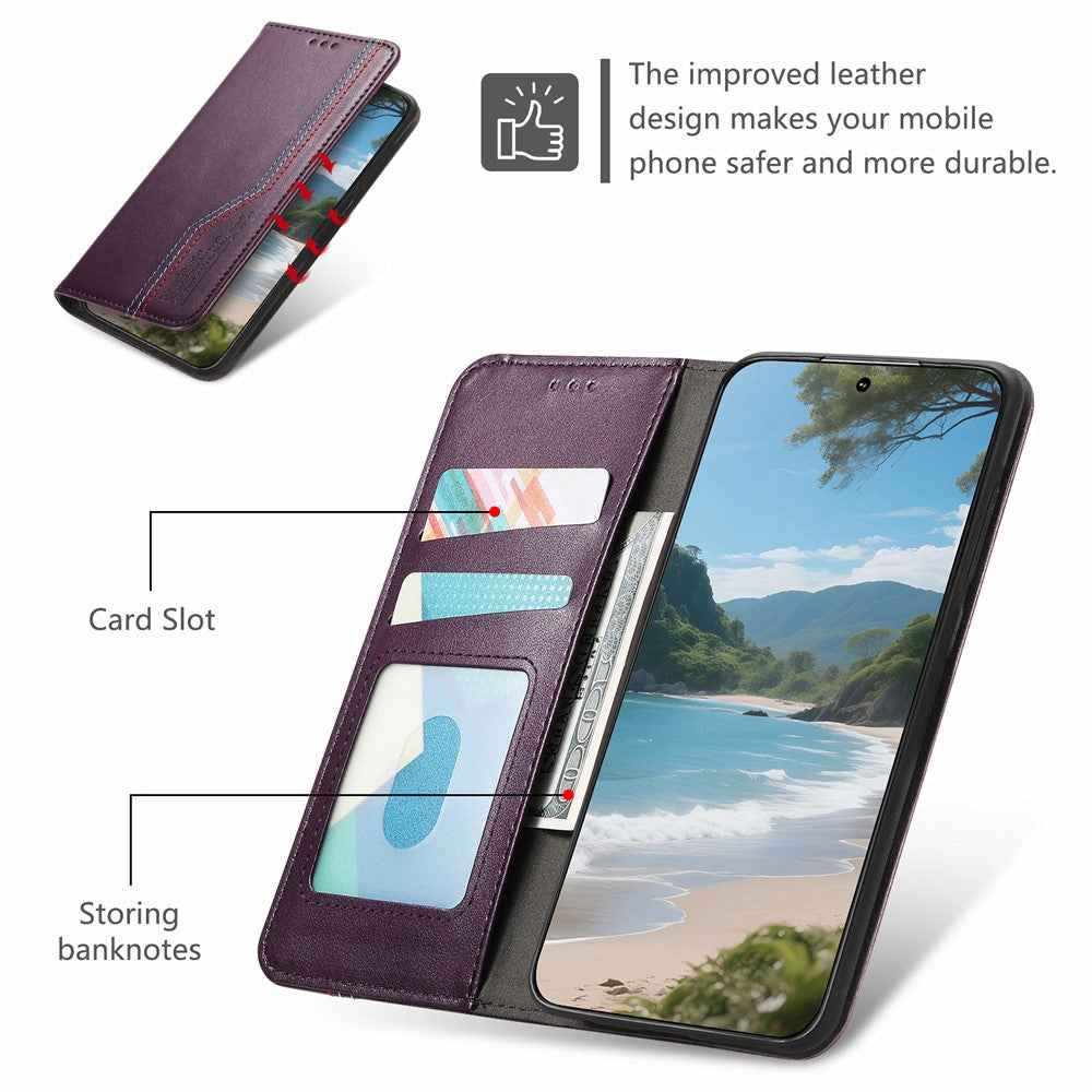 For Xiaomi 17 Pro Case Wallet Tri-Color Stitching Leather Phone Cover with Elastic Wristband - Purple
