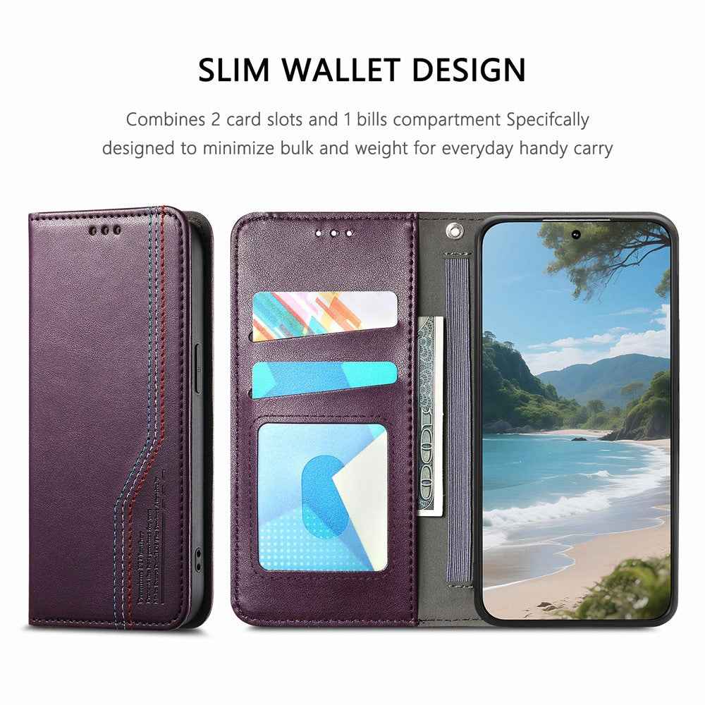 For Xiaomi 17 Pro Case Wallet Tri-Color Stitching Leather Phone Cover with Elastic Wristband - Purple
