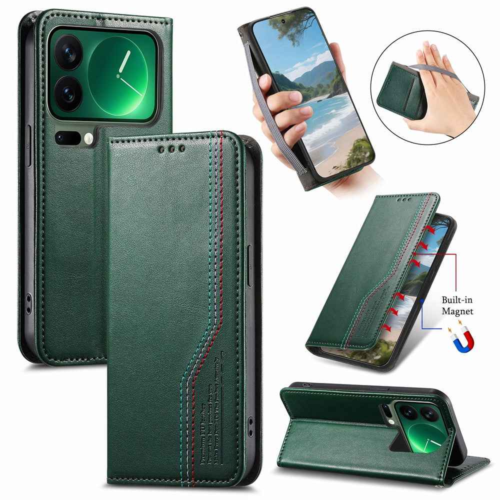 For Xiaomi 17 Pro Case Wallet Tri-Color Stitching Leather Phone Cover with Elastic Wristband - Green