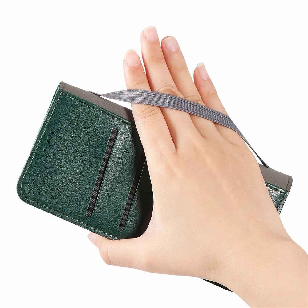 For Xiaomi 17 Pro Case Wallet Tri-Color Stitching Leather Phone Cover with Elastic Wristband - Green