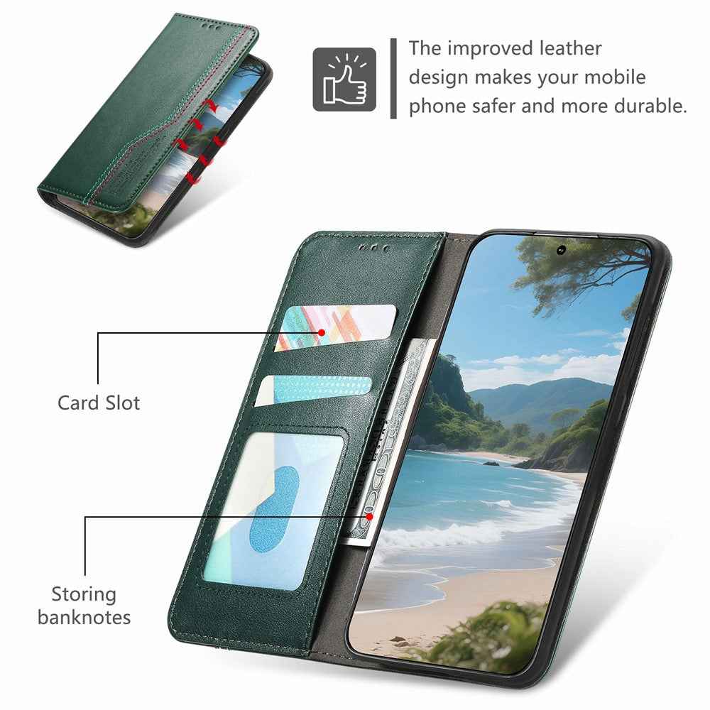 For Xiaomi 17 Pro Case Wallet Tri-Color Stitching Leather Phone Cover with Elastic Wristband - Green