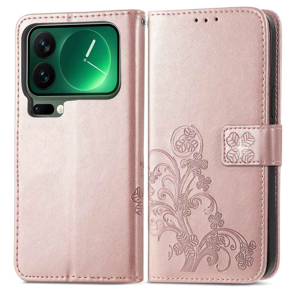For Xiaomi 17 Pro Leather Case Four-Leaf Clover Wallet Phone Cover - Rose Gold