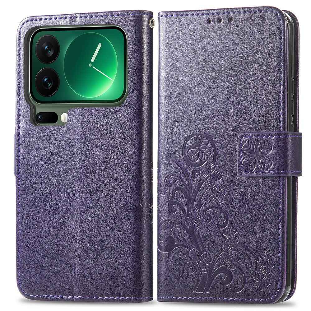 For Xiaomi 17 Pro Leather Case Four-Leaf Clover Wallet Phone Cover - Purple