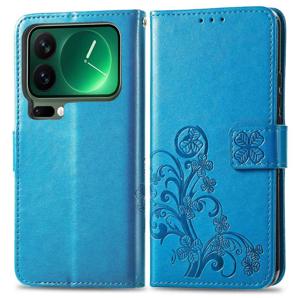 For Xiaomi 17 Pro Leather Case Four-Leaf Clover Wallet Phone Cover - Blue