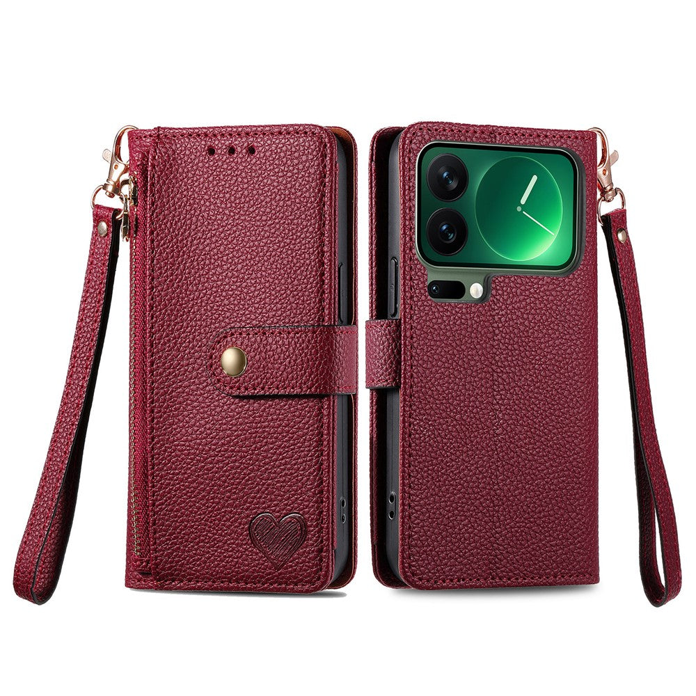 For Xiaomi 17 Pro Max Case RFID Blocking Zipper Pocket Leather Wallet Phone Cover with Strap - Red