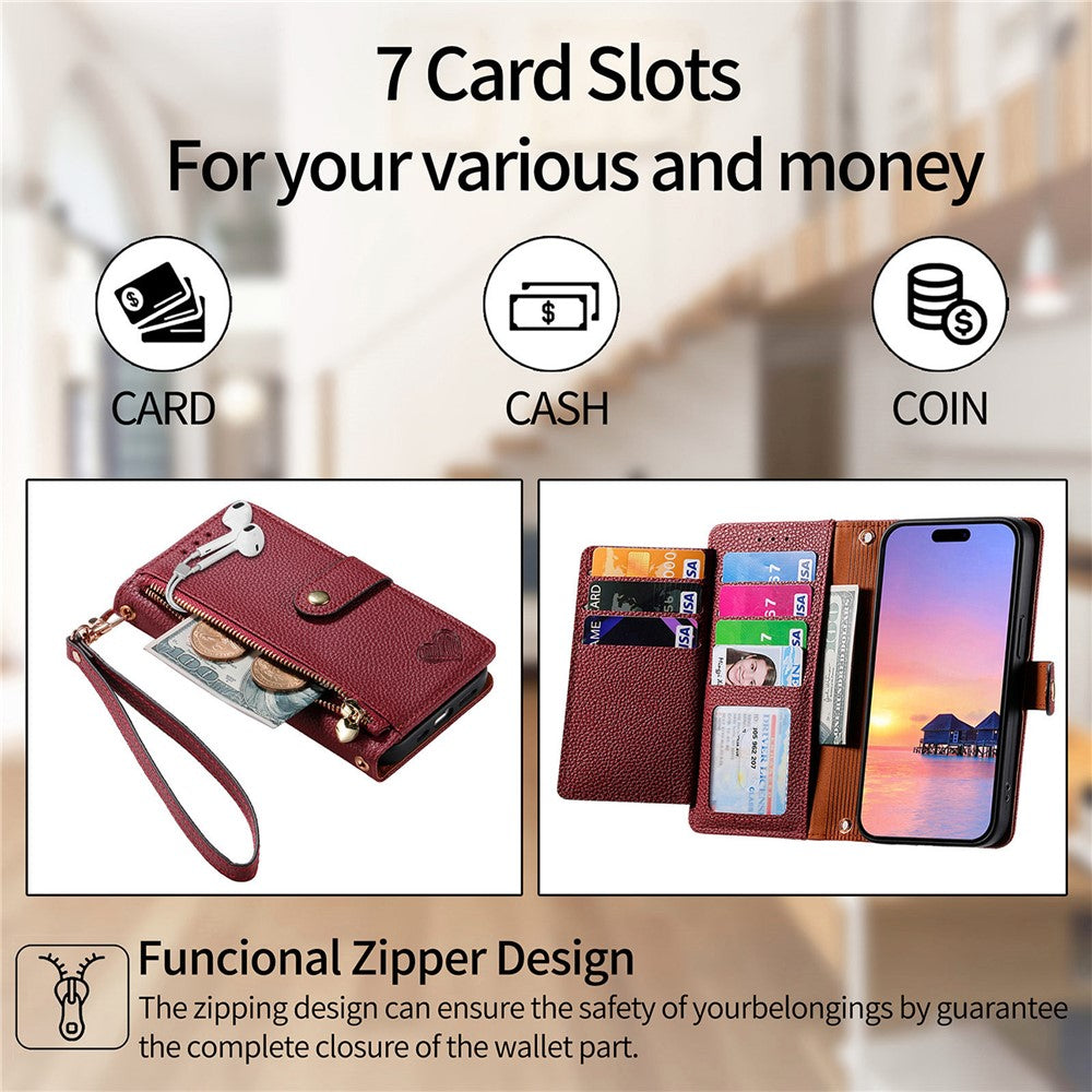 For Xiaomi 17 Pro Max Case RFID Blocking Zipper Pocket Leather Wallet Phone Cover with Strap - Red