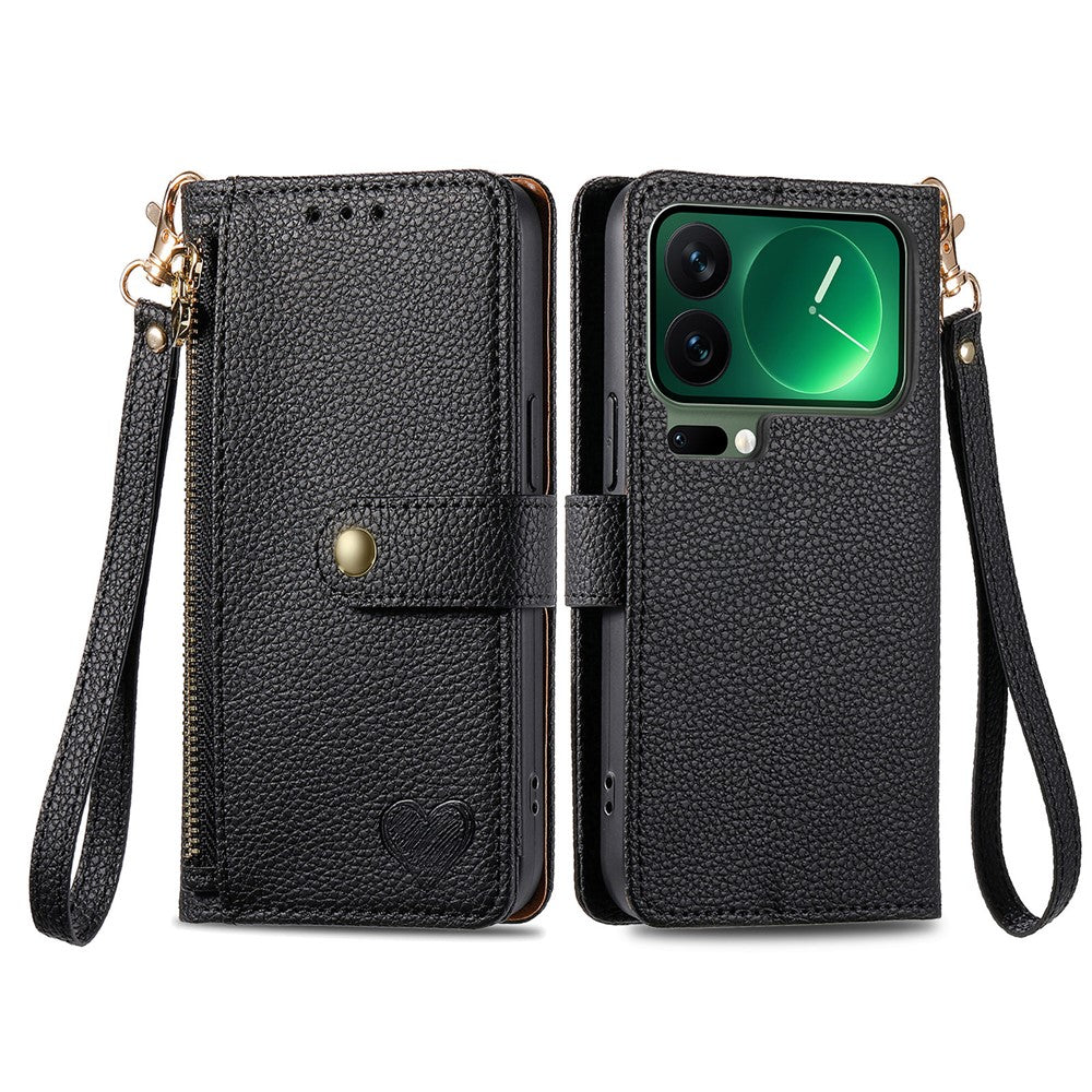 For Xiaomi 17 Pro Max Case RFID Blocking Zipper Pocket Leather Wallet Phone Cover with Strap - Black