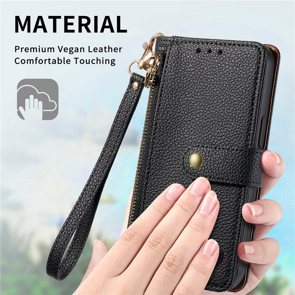 For Xiaomi 17 Pro Max Case RFID Blocking Zipper Pocket Leather Wallet Phone Cover with Strap - Black