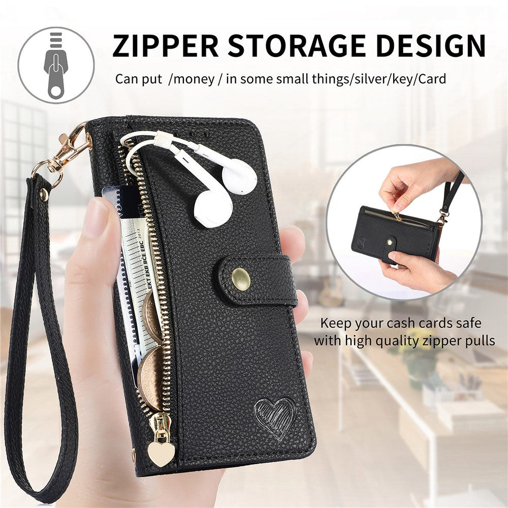 For Xiaomi 17 Pro Max Case RFID Blocking Zipper Pocket Leather Wallet Phone Cover with Strap - Black