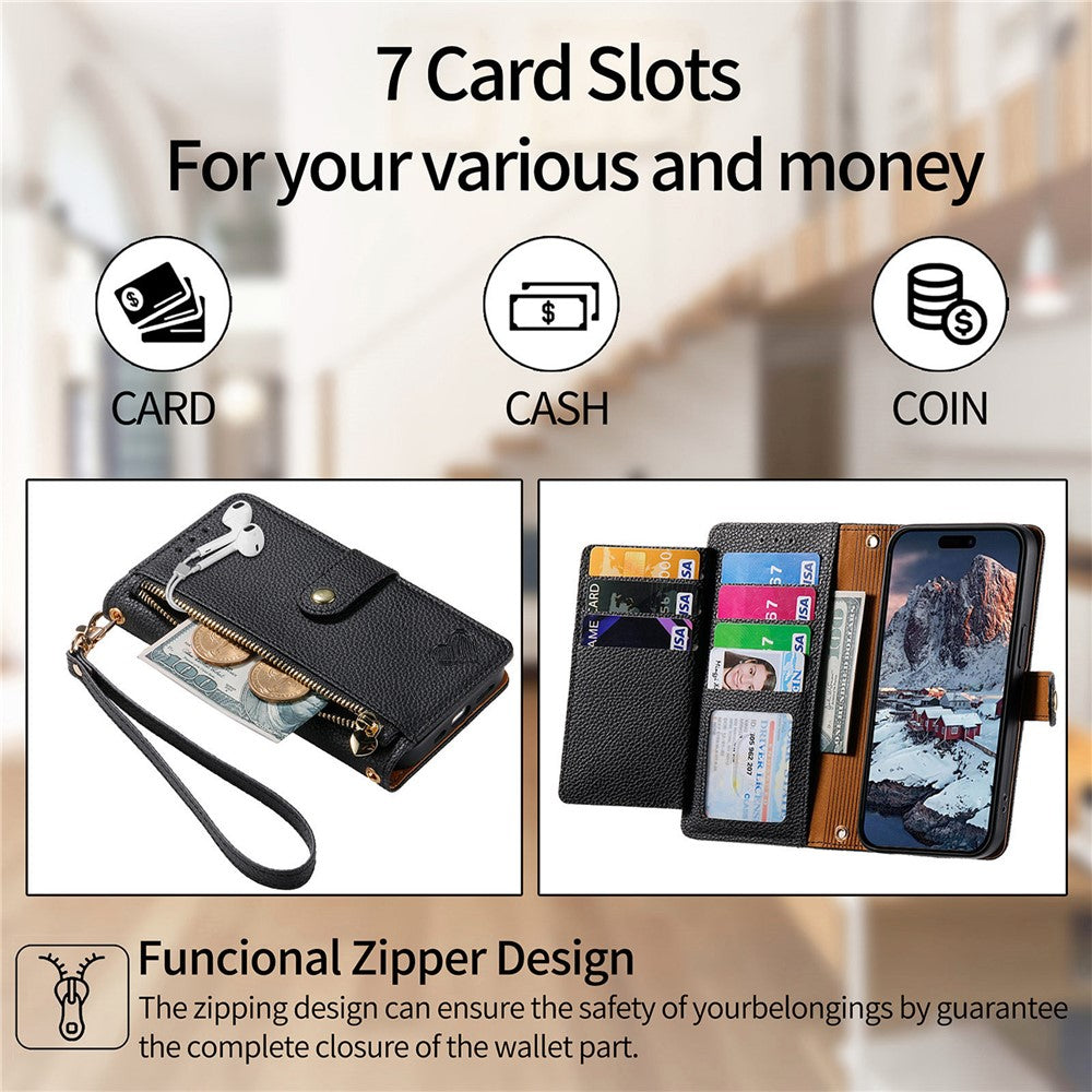 For Xiaomi 17 Pro Max Case RFID Blocking Zipper Pocket Leather Wallet Phone Cover with Strap - Black
