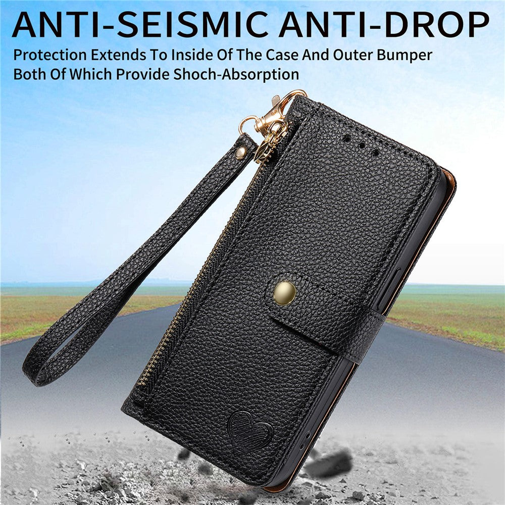 For Xiaomi 17 Pro Max Case RFID Blocking Zipper Pocket Leather Wallet Phone Cover with Strap - Black