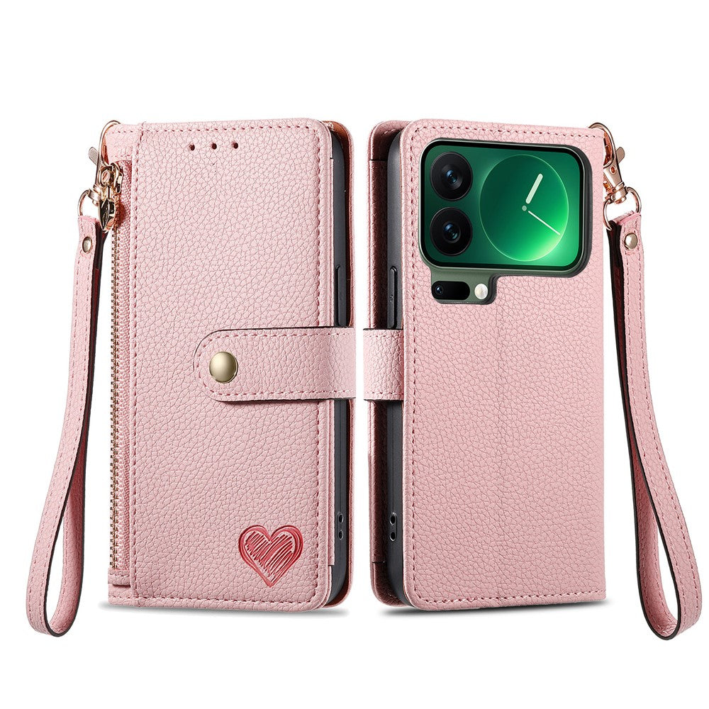 For Xiaomi 17 Pro Max Case RFID Blocking Zipper Pocket Leather Wallet Phone Cover with Strap - Pink