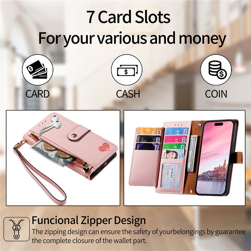 For Xiaomi 17 Pro Max Case RFID Blocking Zipper Pocket Leather Wallet Phone Cover with Strap - Pink