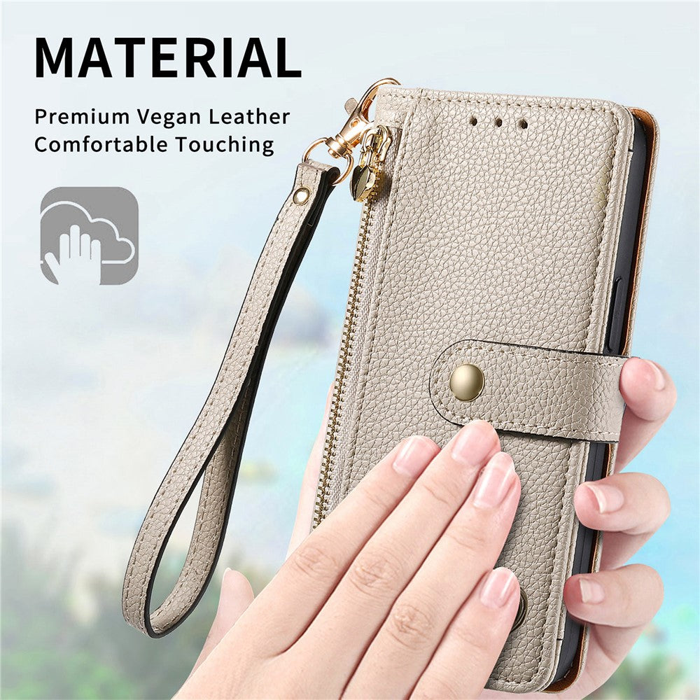 For Xiaomi 17 Pro Max Case RFID Blocking Zipper Pocket Leather Wallet Phone Cover with Strap - Grey