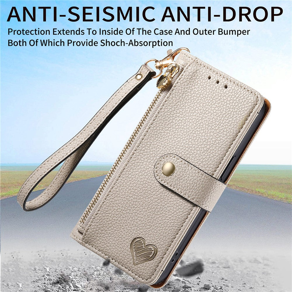 For Xiaomi 17 Pro Max Case RFID Blocking Zipper Pocket Leather Wallet Phone Cover with Strap - Grey