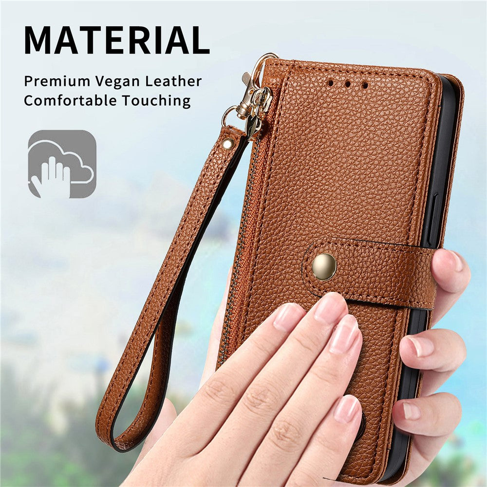 For Xiaomi 17 Pro Max Case RFID Blocking Zipper Pocket Leather Wallet Phone Cover with Strap - Brown