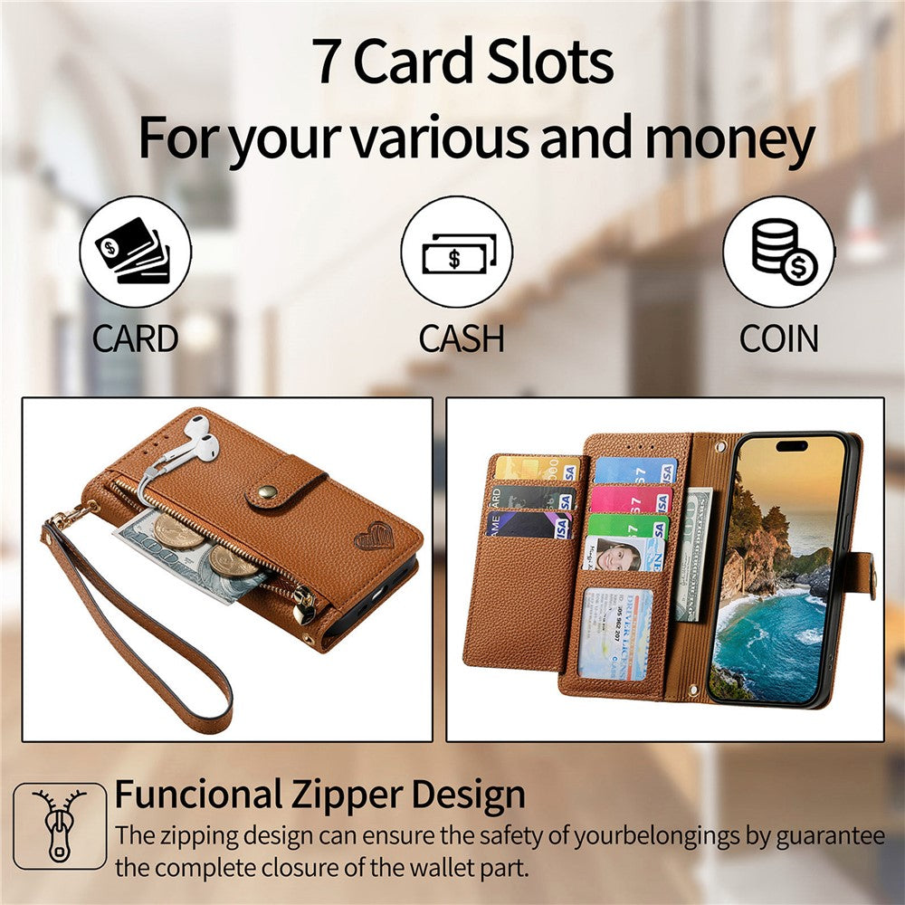 For Xiaomi 17 Pro Max Case RFID Blocking Zipper Pocket Leather Wallet Phone Cover with Strap - Brown