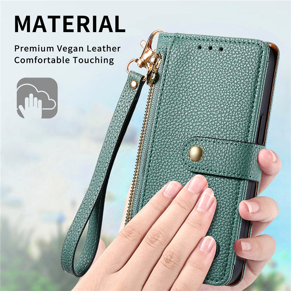 For Xiaomi 17 Pro Max Case RFID Blocking Zipper Pocket Leather Wallet Phone Cover with Strap - Green