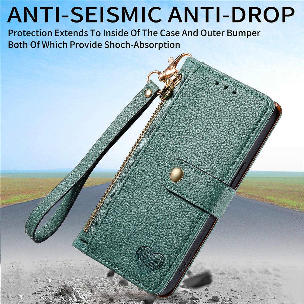For Xiaomi 17 Pro Max Case RFID Blocking Zipper Pocket Leather Wallet Phone Cover with Strap - Green