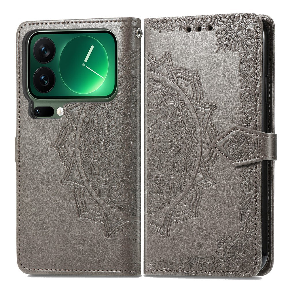 For Xiaomi 17 Pro Max Case Wallet Mandala Flower Leather Phone Cover Stand View - Grey