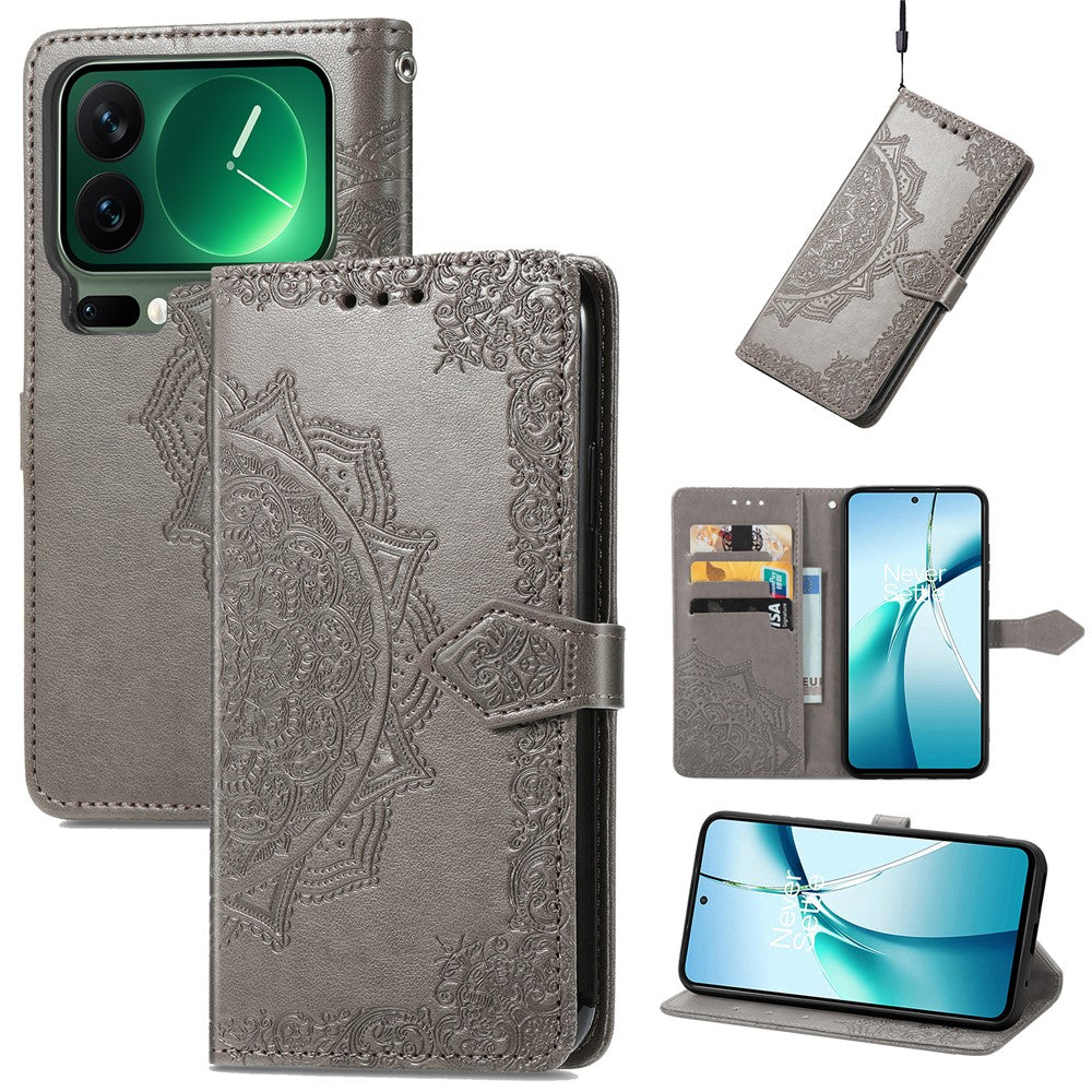 For Xiaomi 17 Pro Max Case Wallet Mandala Flower Leather Phone Cover Stand View - Grey