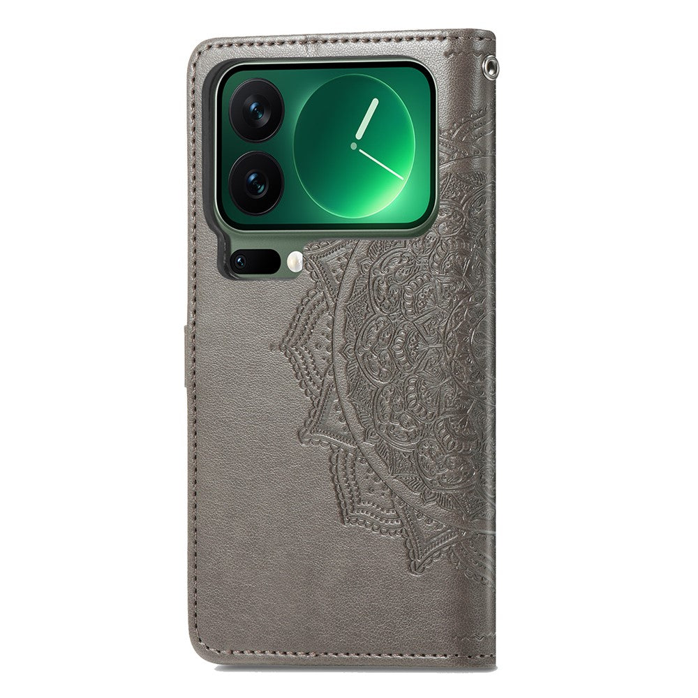 For Xiaomi 17 Pro Max Case Wallet Mandala Flower Leather Phone Cover Stand View - Grey