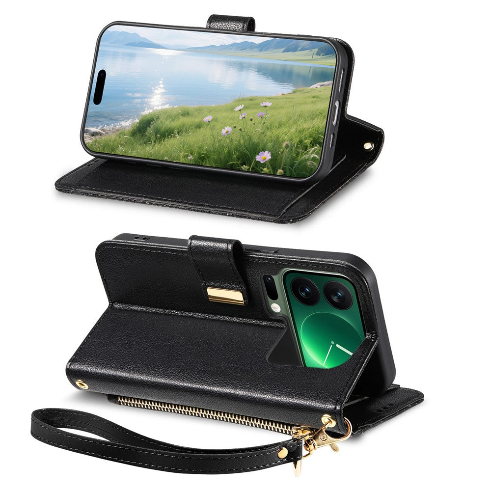 For Xiaomi 17 Pro Max Case Floral Leaf Pattern Multi Card Slots Zipper Leather Phone Cover with Wrist Strap - Black