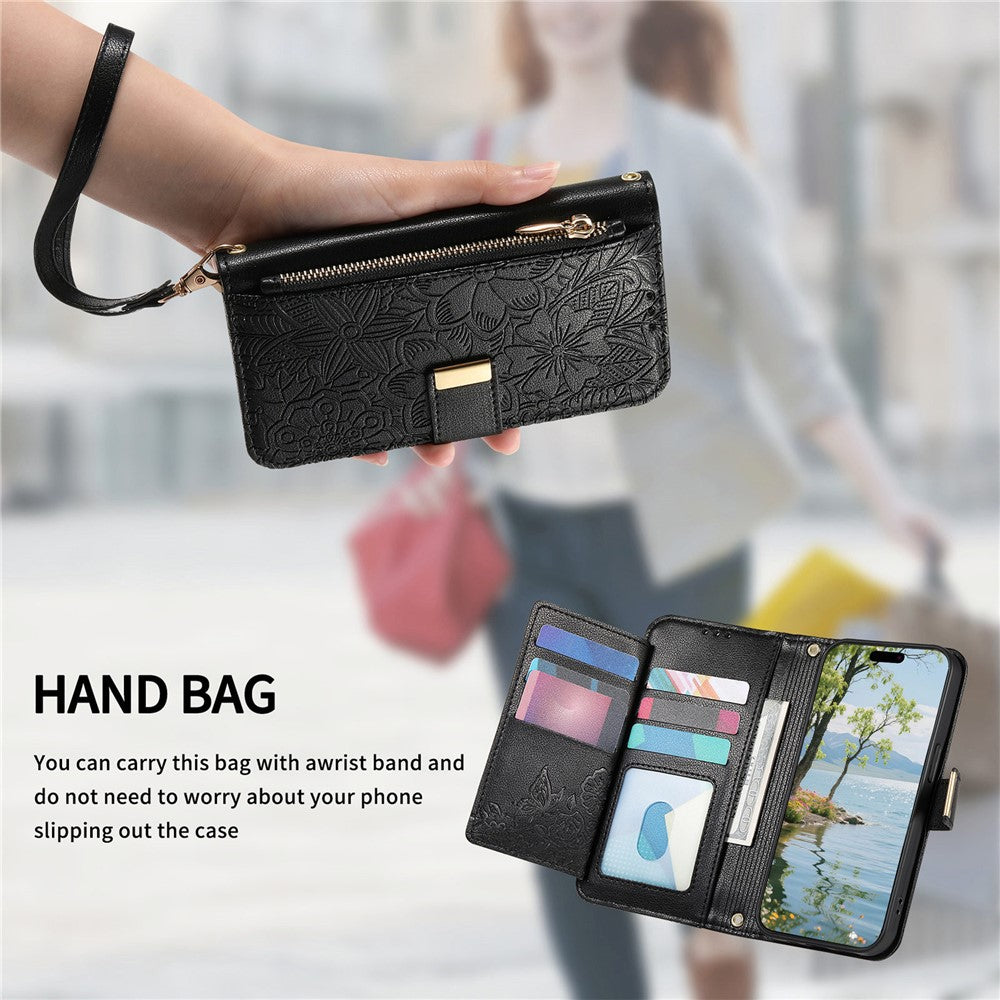 For Xiaomi 17 Pro Max Case Floral Leaf Pattern Multi Card Slots Zipper Leather Phone Cover with Wrist Strap - Black