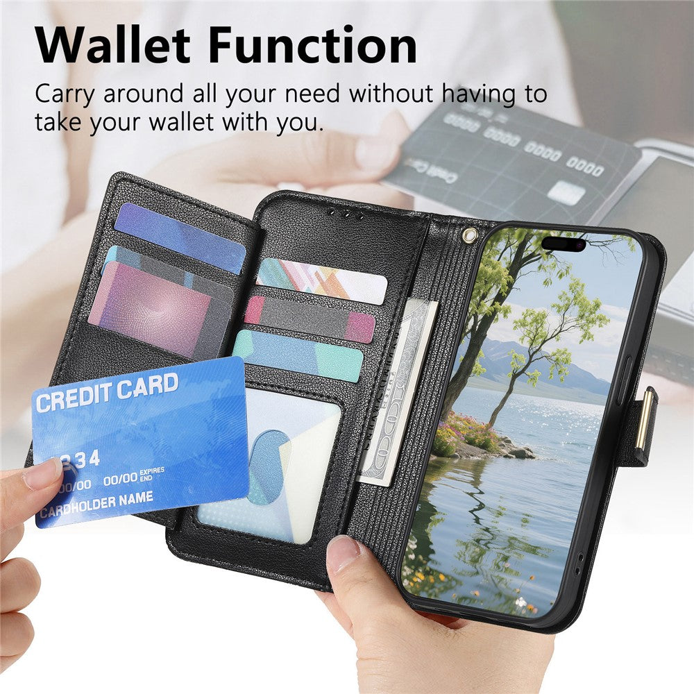 For Xiaomi 17 Pro Max Case Floral Leaf Pattern Multi Card Slots Zipper Leather Phone Cover with Wrist Strap - Black