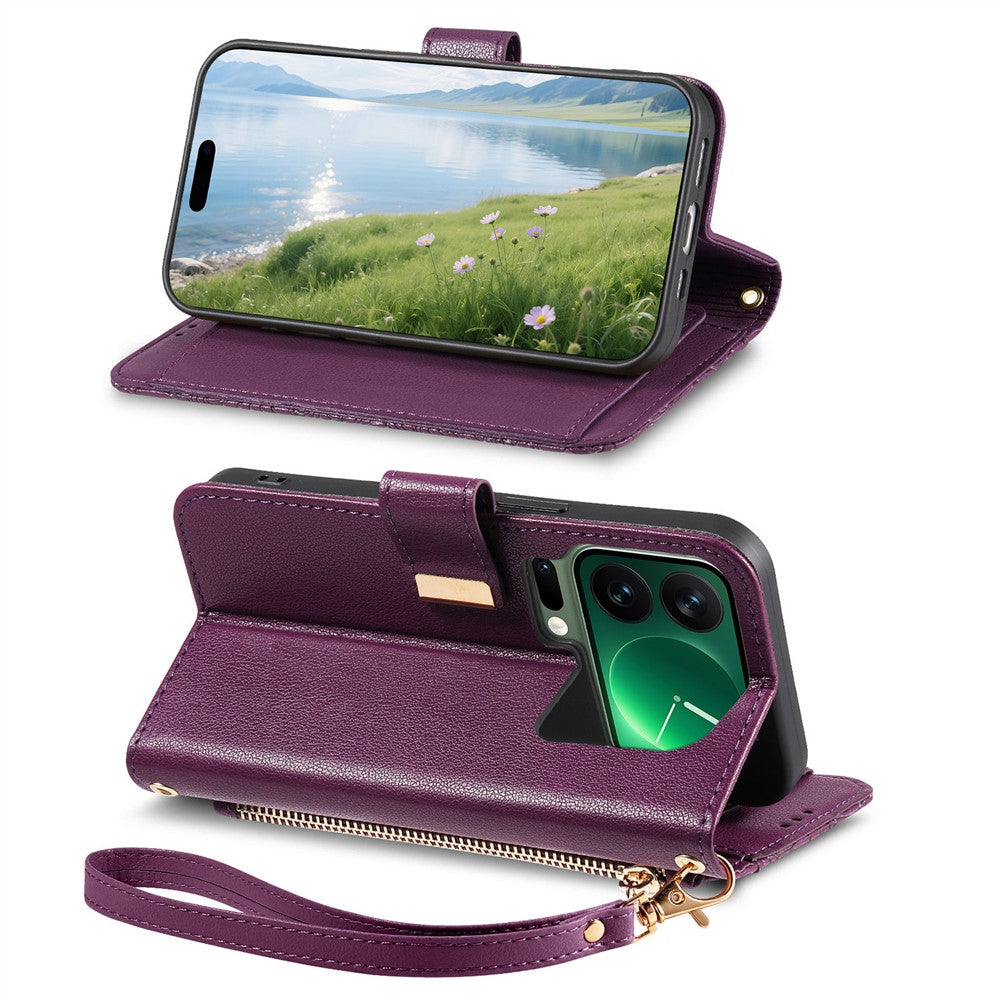 For Xiaomi 17 Pro Max Case Floral Leaf Pattern Multi Card Slots Zipper Leather Phone Cover with Wrist Strap - Purple