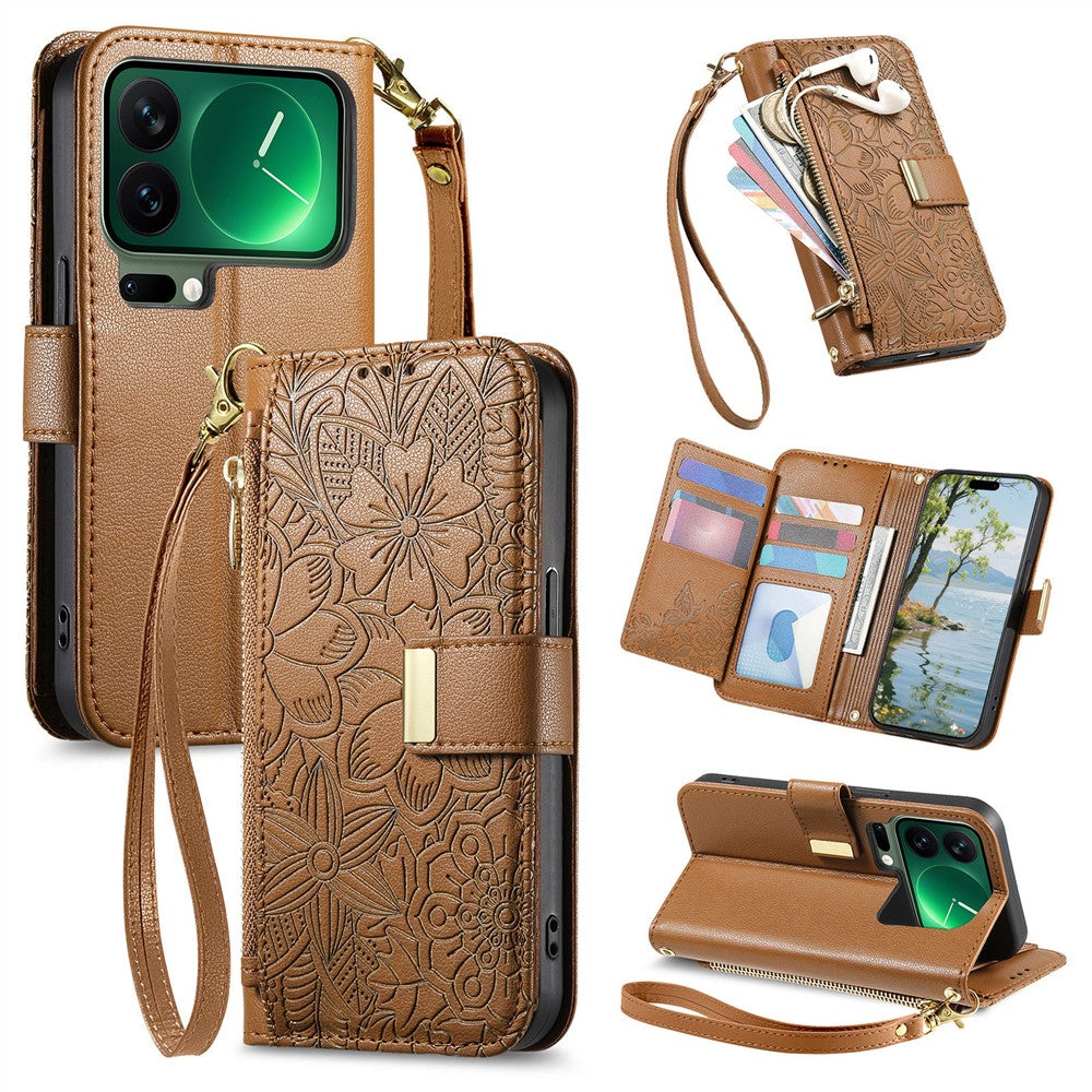 For Xiaomi 17 Pro Max Case Floral Leaf Pattern Multi Card Slots Zipper Leather Phone Cover with Wrist Strap - Brown