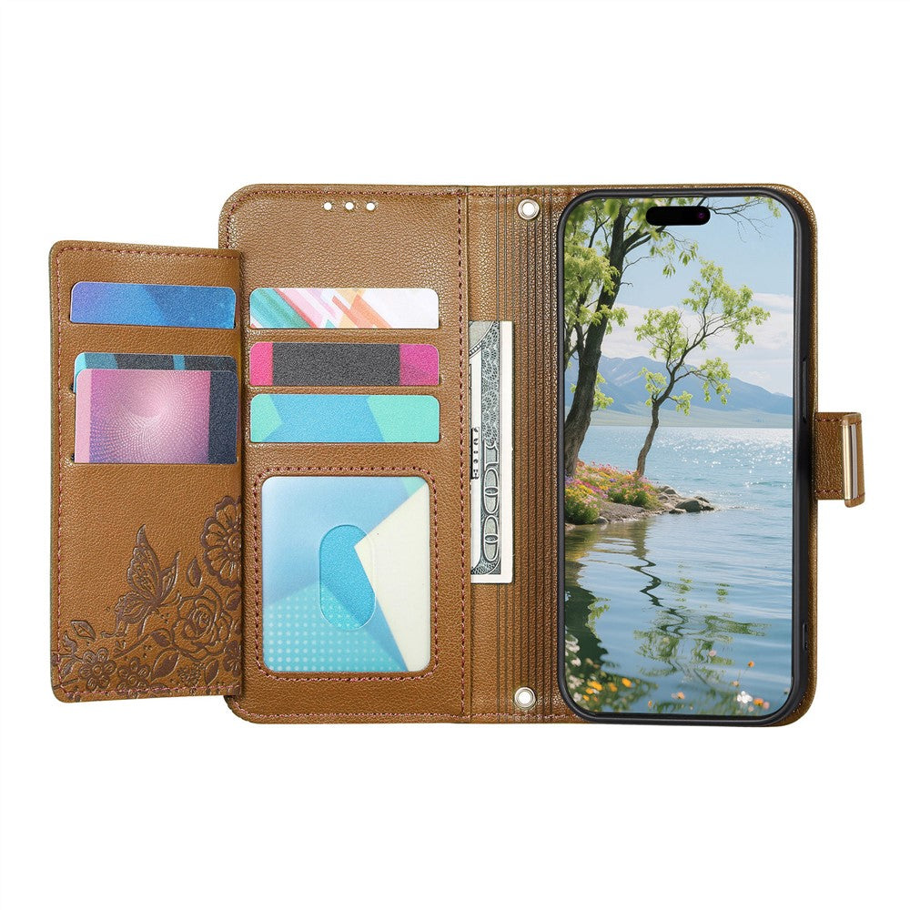For Xiaomi 17 Pro Max Case Floral Leaf Pattern Multi Card Slots Zipper Leather Phone Cover with Wrist Strap - Brown