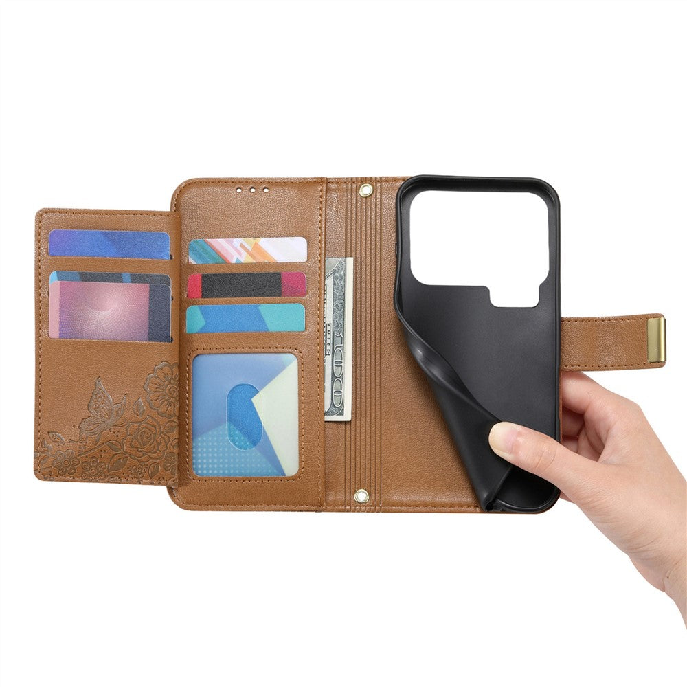 For Xiaomi 17 Pro Max Case Floral Leaf Pattern Multi Card Slots Zipper Leather Phone Cover with Wrist Strap - Brown