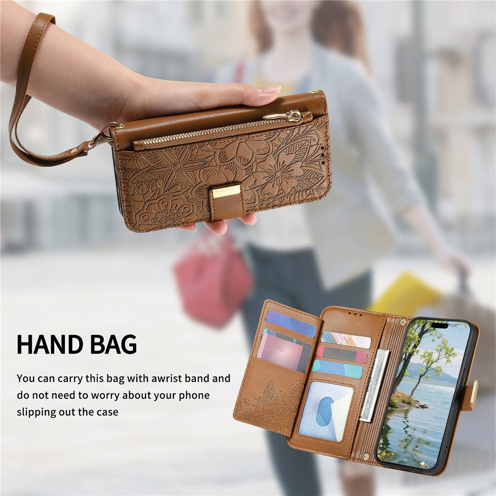 For Xiaomi 17 Pro Max Case Floral Leaf Pattern Multi Card Slots Zipper Leather Phone Cover with Wrist Strap - Brown