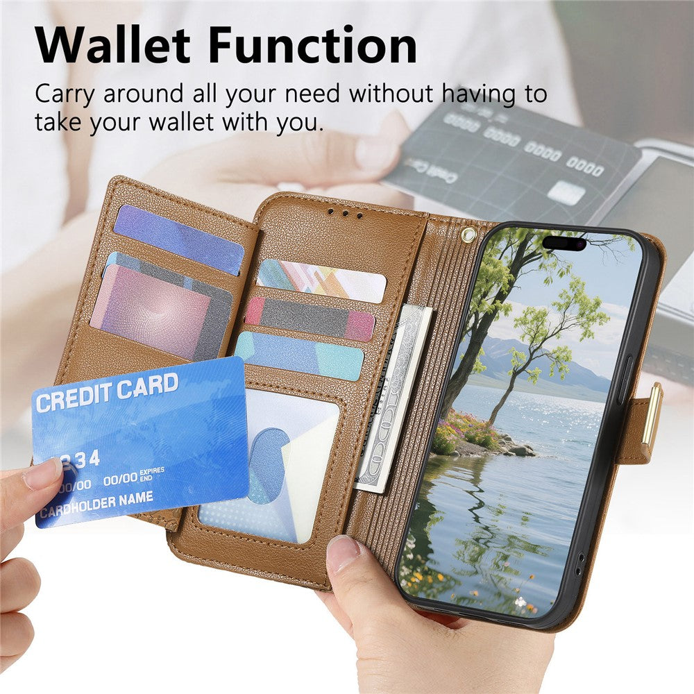 For Xiaomi 17 Pro Max Case Floral Leaf Pattern Multi Card Slots Zipper Leather Phone Cover with Wrist Strap - Brown