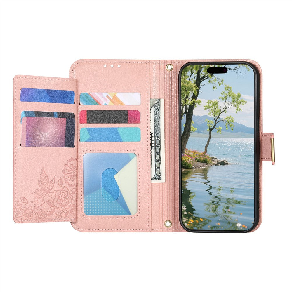 For Xiaomi 17 Pro Max Case Floral Leaf Pattern Multi Card Slots Zipper Leather Phone Cover with Wrist Strap - Pink