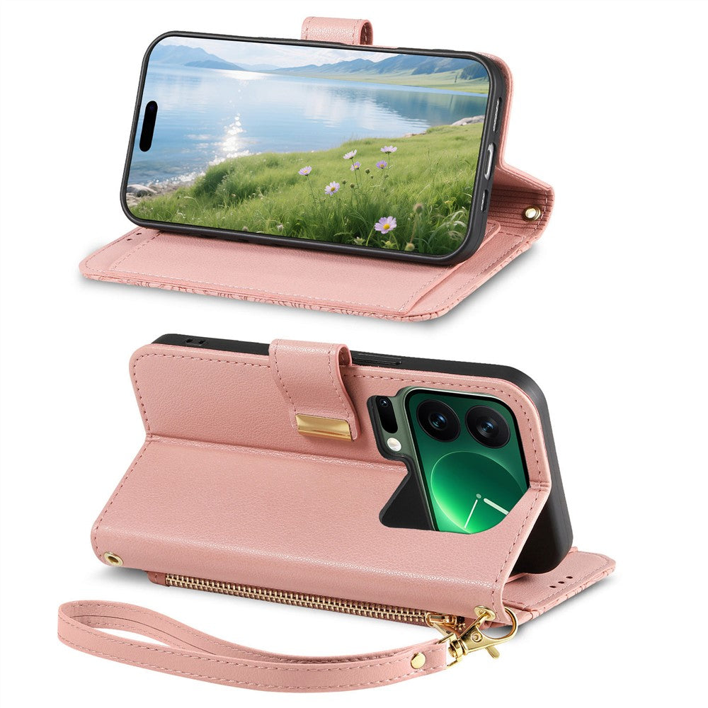 For Xiaomi 17 Pro Max Case Floral Leaf Pattern Multi Card Slots Zipper Leather Phone Cover with Wrist Strap - Pink