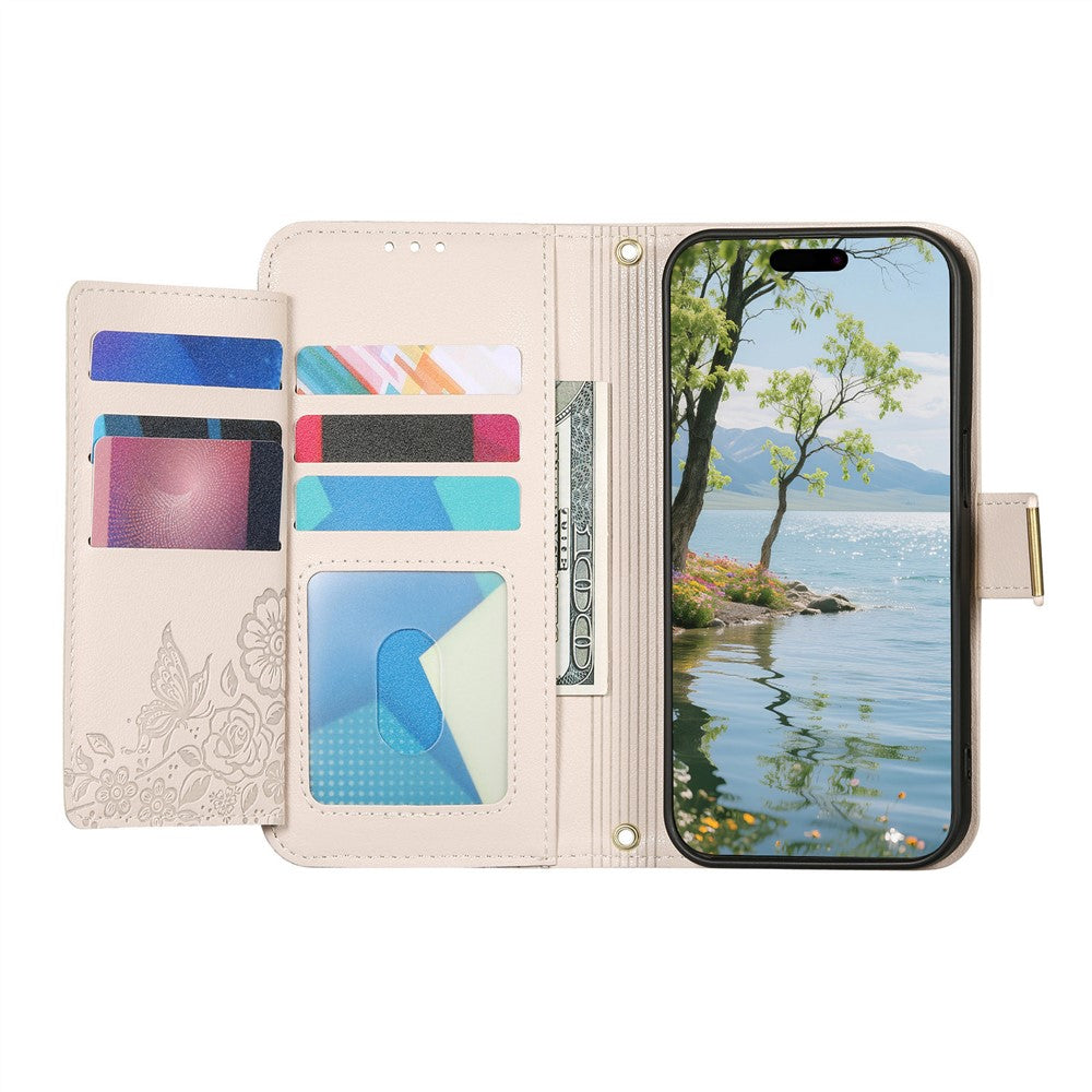For Xiaomi 17 Pro Max Case Floral Leaf Pattern Multi Card Slots Zipper Leather Phone Cover with Wrist Strap - Grey