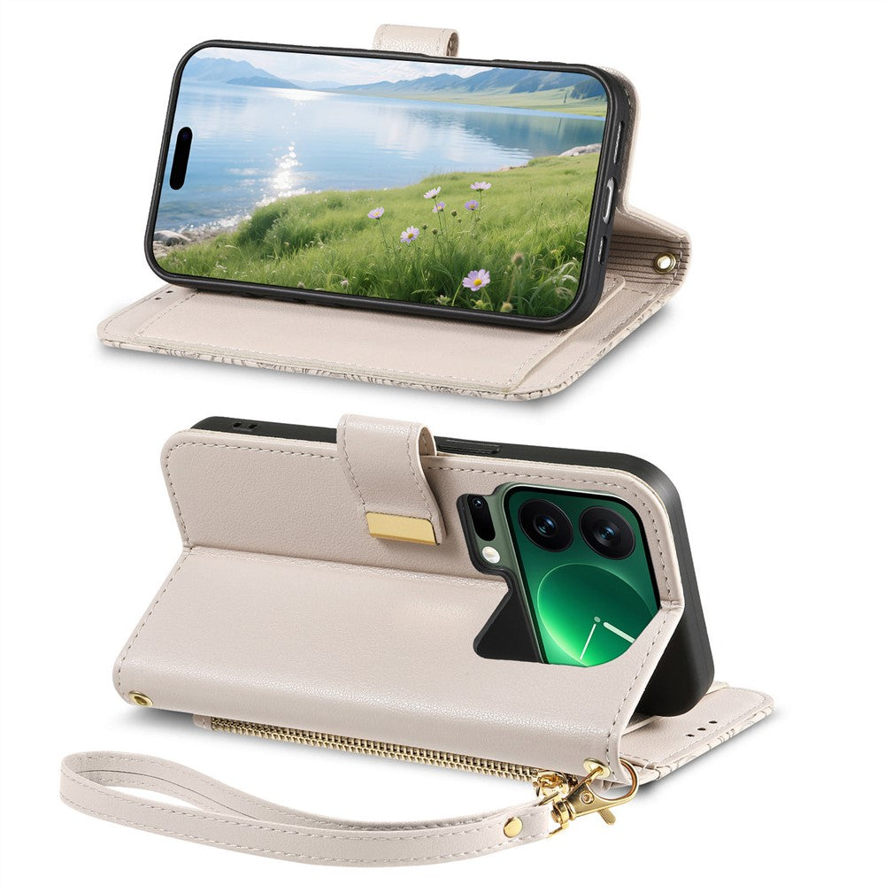 For Xiaomi 17 Pro Max Case Floral Leaf Pattern Multi Card Slots Zipper Leather Phone Cover with Wrist Strap - Grey