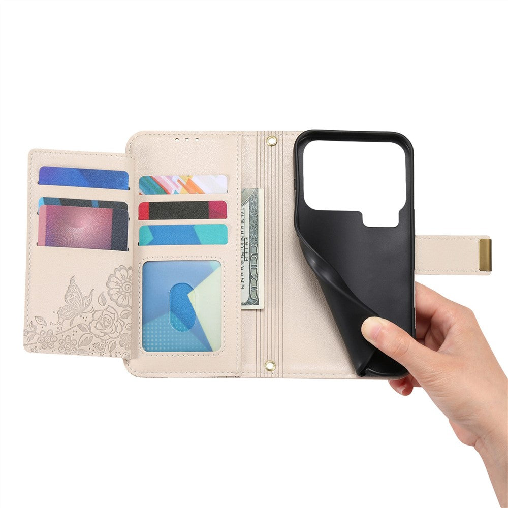 For Xiaomi 17 Pro Max Case Floral Leaf Pattern Multi Card Slots Zipper Leather Phone Cover with Wrist Strap - Grey