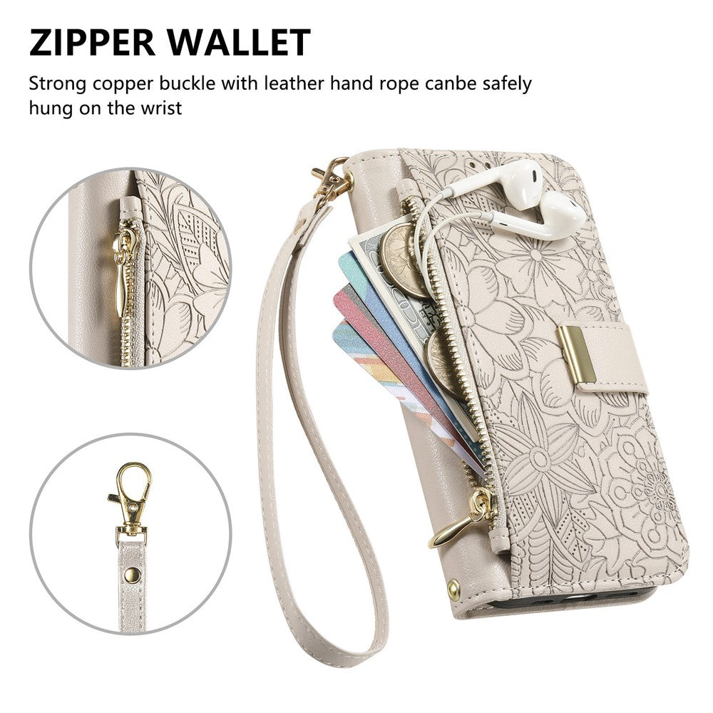 For Xiaomi 17 Pro Max Case Floral Leaf Pattern Multi Card Slots Zipper Leather Phone Cover with Wrist Strap - Grey
