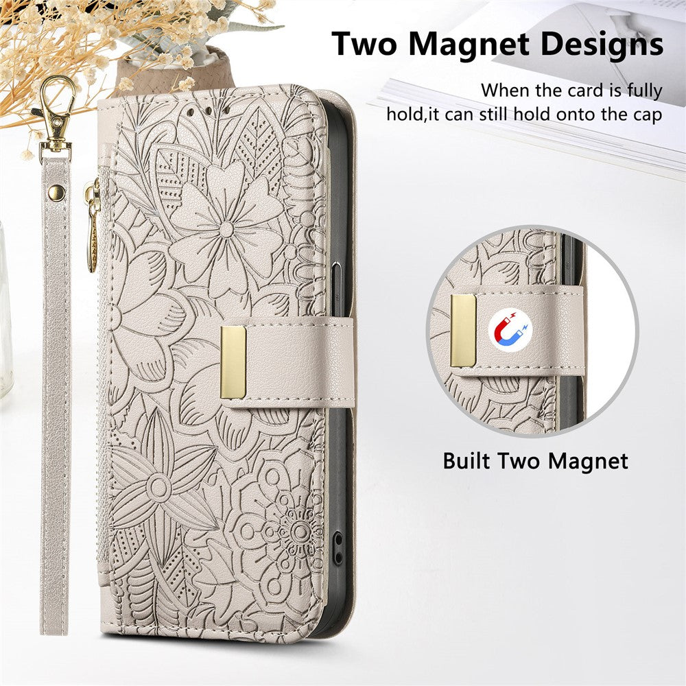 For Xiaomi 17 Pro Max Case Floral Leaf Pattern Multi Card Slots Zipper Leather Phone Cover with Wrist Strap - Grey