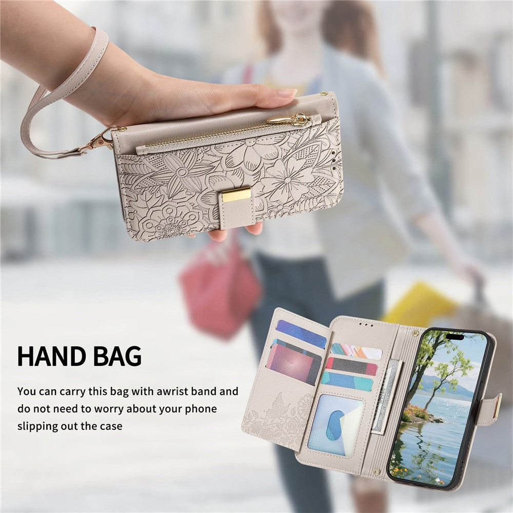 For Xiaomi 17 Pro Max Case Floral Leaf Pattern Multi Card Slots Zipper Leather Phone Cover with Wrist Strap - Grey